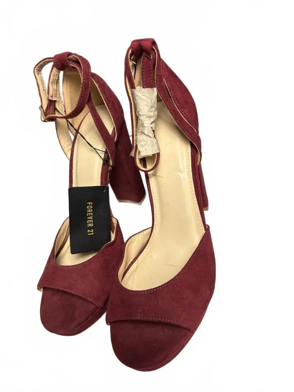 Forever 21 Burgundy Suede Block Heel Sandals with Ankle Strp